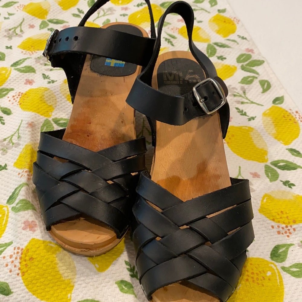 MIA Black Woven Leather Slingback Clogs